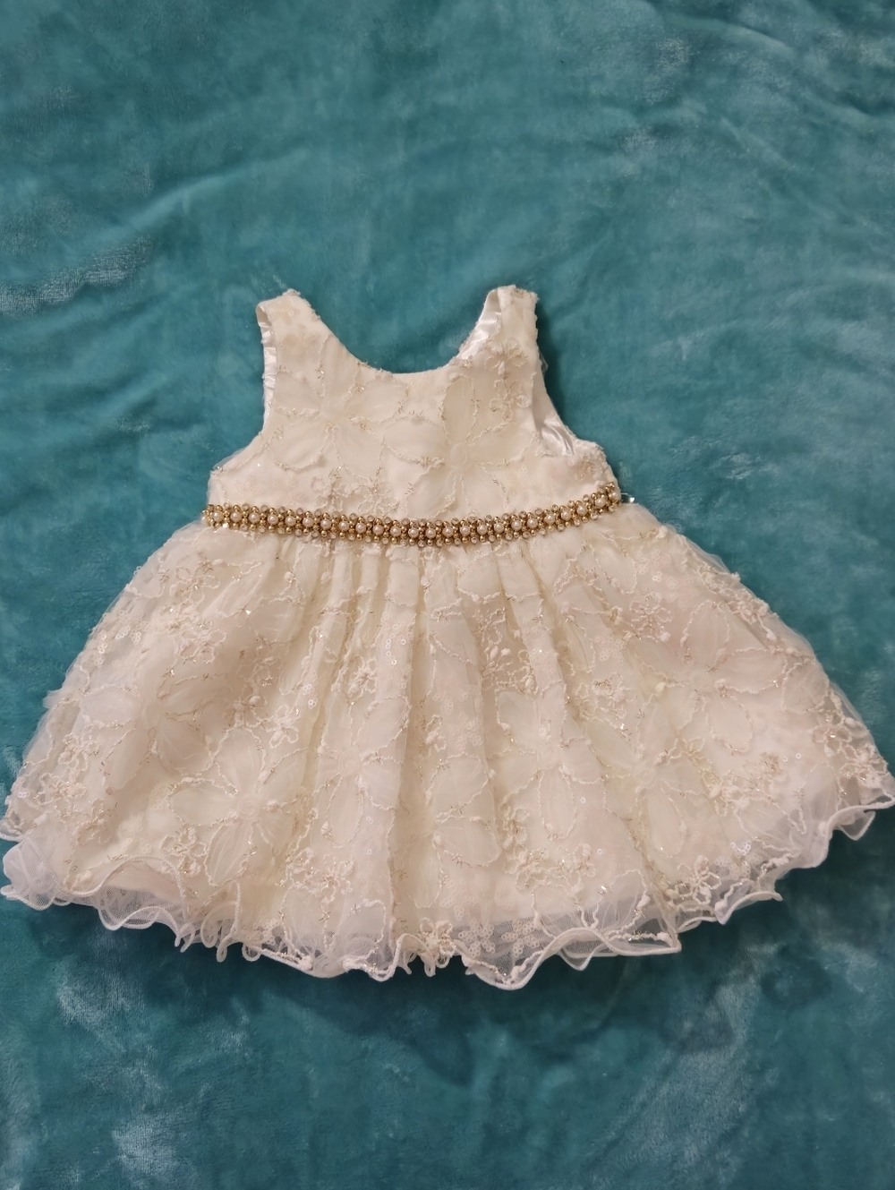 American Princess Ivory Baby Dress w/Floral Lace Gold Accents - Size 6 Months